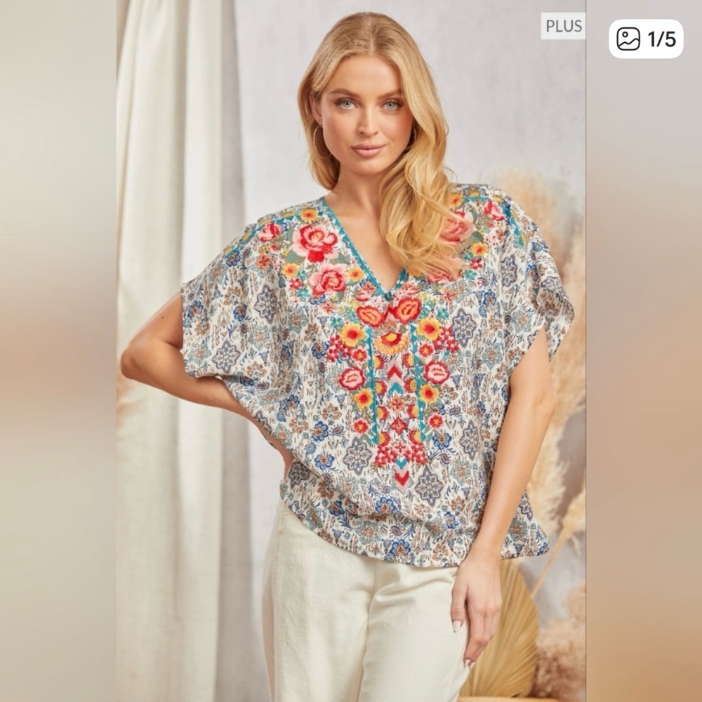 NWOT- Savanna Jane Multicolor Embroidered V-Neck Tunic-1X